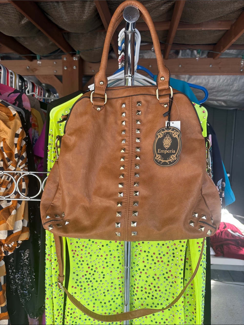 Studded Tote Bag in Cognac Brown
